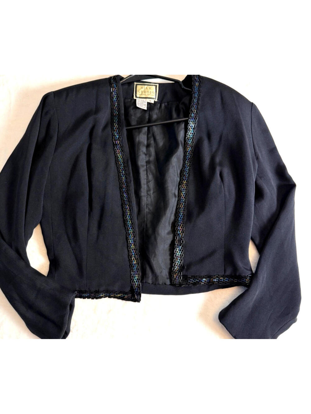 Vintage Silk Studio Morgan Taylor Beaded Trim Cropped Jacket Black Womens 6